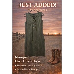 Sharagano Olive Green Faux Suede Lace Up Sleeveless Boho Shift Dress  Western 8